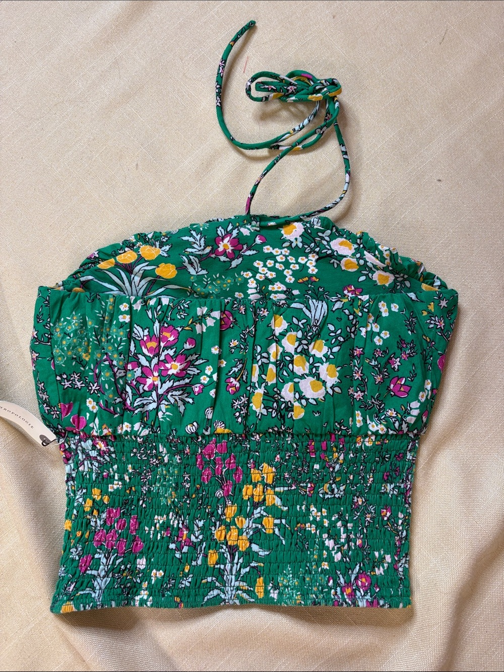 Maeve Green Floral Smocked Halter Crop Top with Yellow & Pink Flowers - Picture 4 of 5